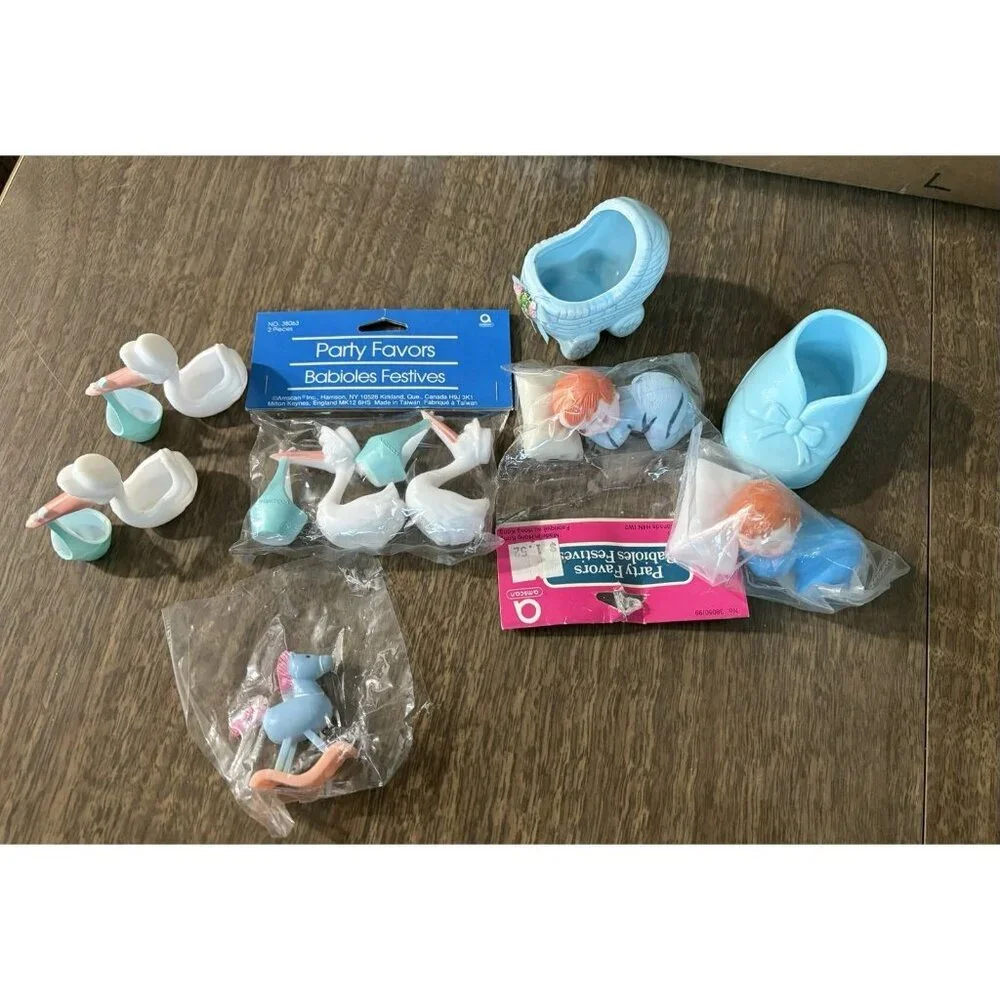 Vintage Baby Boy Cake Toppers Amscan New Lot Of 9 Storks Baby Shoe Carriage